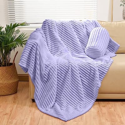 Lichtpaarse flanellen plaid 60 x 80 inch met opbergzakje - superzachte fleece gestreepte bankdeken voor volwassenen