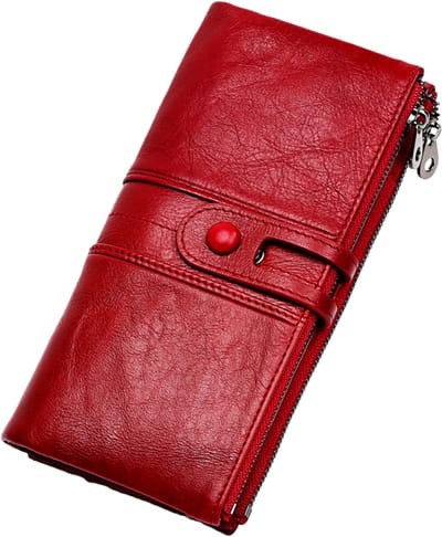 Damesportemonnee met drie vakken - clutch met ritssluiting en twee vakken - grote capaciteit - met RFID-beveiliging tegen diefstal - 20,8*10*2,5 cm - rood - 1 stuk