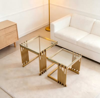 MIVRAY Bijzettafel Set - Vierkant Met Gehard Glas - Flexibel Voor Woonkamer Slaapkamer En Balkon - Goudkleurig Metaal