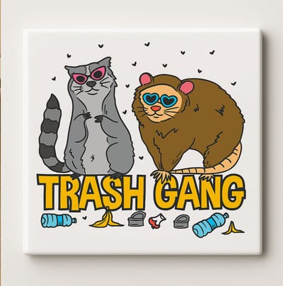 Trash Gang Wasbeer & Possum Art Tegel – 15x15cm Grappige Keramische Wanddecoratie, Schattige Dieren Meme Huisdecoratie