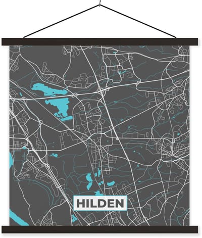 Posterhanger incl. Poster 40x40 cm - Schoolplaat - Blauw – Duitsland – Plattegrond – Stadskaart – Kaart – Hilden - Textielposter - Zwarte latten - Stadskaart