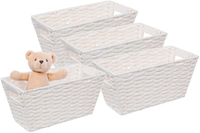 5Five Rieten opbergmand - 4x - gevlochten - wit - 31 x 15 x 15 - Kast-/badkamer mandjes - metaal/kunststof