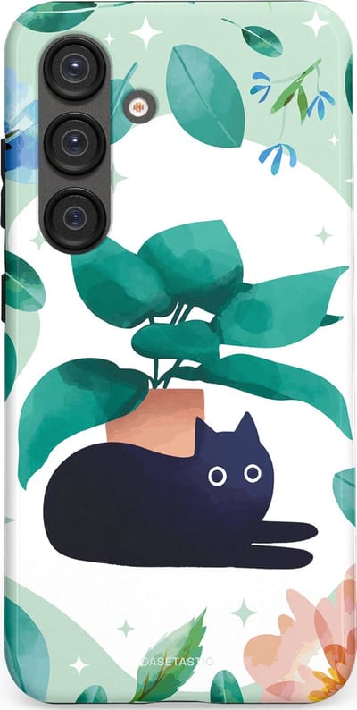 Casetastic hoesje geschikt voor Samsung Galaxy S25 - Dubbellaagse bescherming - Plantenkat - Fashion Case - Lichtgrijs Turquoise Wit Mintgroen