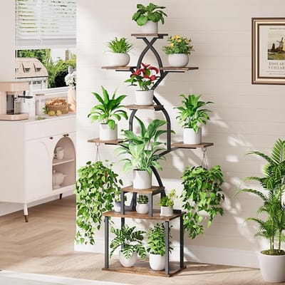 Famanu - Bloemenrek met groeilicht, 9 niveaus, bloemenstandaard, 162 cm, metaal, hout, plantenrek, voor binnen en buiten, decoratieve zwarte plantenstandaard voor binnen, tuin, balkon