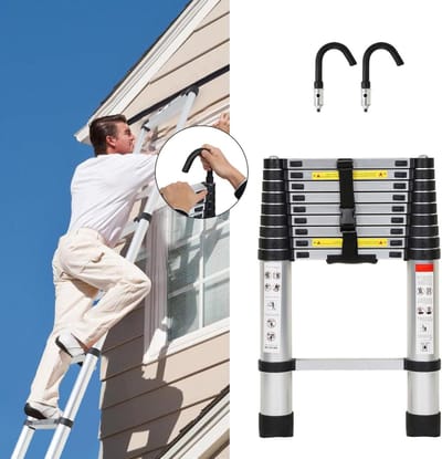 Telescopische ladder, 2,6 m, antislip aluminium multifunctionele ladder, staande ladder met 2 met afneembare haken, uittrekbare ladder, belastbaar tot 150 kg, huishoudladder voor thuis, zilver