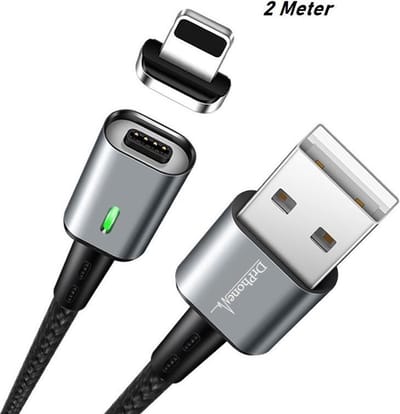 DrPhone iCON - 2 Meter Lightning Magnetische Kabel - 3.0A Snellader + Datakabel - Fast Charge - Geschikt iPhone 14 /13 / 12 / 11 / X / XS / XR / 8 / 7 / SE / iPad Zwart