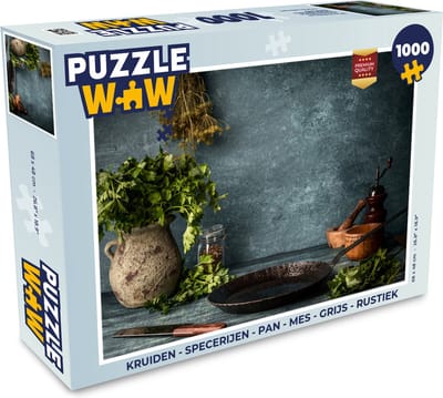 Puzzel Kruiden - Specerijen - Pan - Mes - Grijs - Rustiek - Legpuzzel - Puzzel 1000 stukjes volwassenen