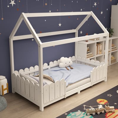 MODENUIT Kinderbed 90x200 cm – Huisbed met Dak en Uitvalbeveiliging – Met Lattenbodem – Zonder matras – Wit