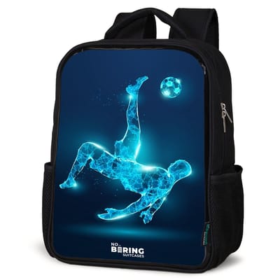 NoBoringSuitcases.com® - Rugzak zwart - Schooltas jongen & meisje - Omhaal in blauw neonvoetbal - Rugtas voor school - Boekentas kind - Schoolrugzak - Kinderrugzak