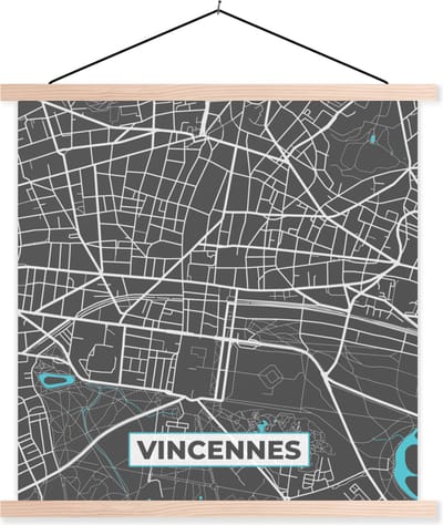 Posterhanger incl. Poster 40x40 cm - Schoolplaat - Vincennes - Stadskaart - Plattegrond - Frankrijk - Kaart - Textielposter - Blanke latten - Stadskaart
