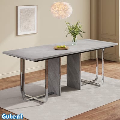 Gutent Eettafel-L180*B80*H75 cm-Metalen poten-Eettafel voor 6 personen-Grijs + Zilver