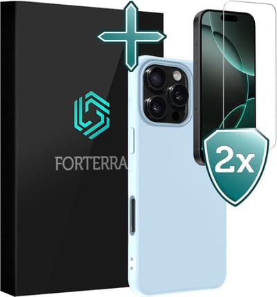Hoesje Met 2x Screenprotector - Geschikt voor Apple iPhone 16 Pro - Sterk & Shockproof - Telefoon Hoes - Back Cover - Siliconen Case - Lichtblauw