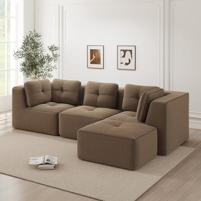 REDOM Modulaire 3-Zits L-vorm Hoekbank – Geen Montage – Ribstof Bekleding – Bruin – 297 x 177 x 69 cm
