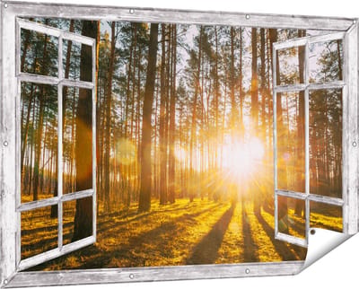 Gards Tuinposter Doorkijk Zonsopkomst in het Bos tussen de Bomen - 150x100 cm - Tuindoek - Tuindecoratie - Wanddecoratie buiten - Tuinschilderij
