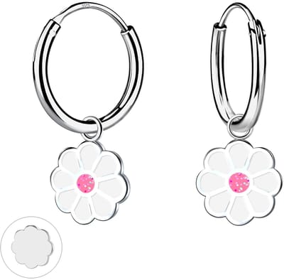 Joy|S - Zilveren madelief bloem bedel oorbellen - oorringen - rhodium / gehodineerd - wit met roze - kinderoorbellen