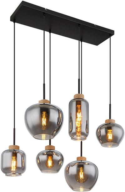 Globo - hanglamp - Matt - zwart - glas smoke glas - grote eettafellamp - E27 - 15549-6H