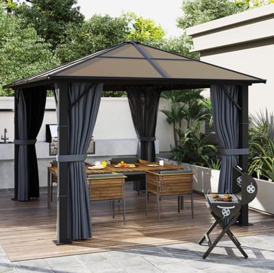 MIVRAY Paviljoen – 3 x 3 M – Hardtop Polycarbonaat Dak – Aluminium Frame – Donkergrijs – Vrijstaand Tuinpaviljoen Met Vliegennetten