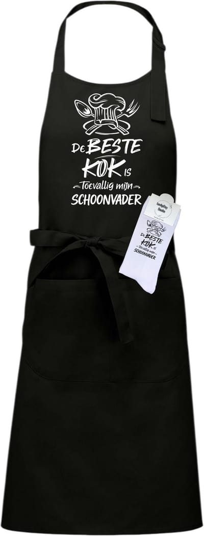 Keukenschort en sokken met tekst - SET - De beste kok is toevallig mijn Schoonvader - Moederdag - Vaderdag - Zwart - Verstelbaar - Cadeau idee - Verjaardag - Cadeau dames en heren - Liefste Opa en Oma cadeau - Kerst cadeau - Grappig cadeau - Onesize