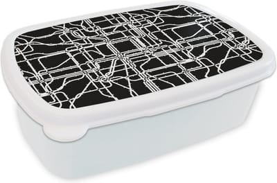 Broodtrommel Wit - Lunchbox - Brooddoos - Netwerk - Patronen - Zwart Wit - Computer - 18x12x6 cm - Volwassenen