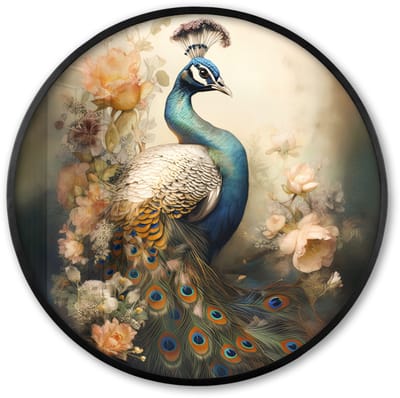 Poster in lijst Rond - Fotolijst 60x60 cm - Posters - Pauw - Pauwenveren - Bloemen - Vogels - Botanisch - Ronde posterlijst zwart - Decoratie - Wanddecoratie woonkamer - Muurdecoratie slaapkamer