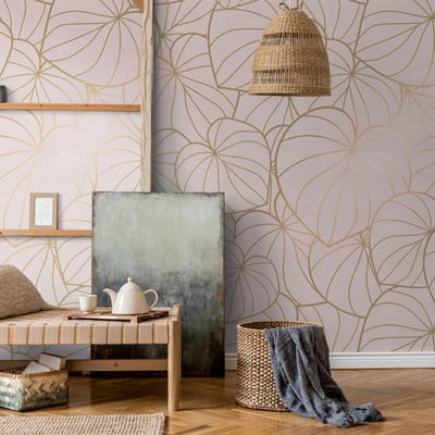 Fotobehang Profhome 382801-GU vliesbehang hardvinyl warmdruk in reliëf glad met bloemmotief mat roze goud 1,59 m x 2,8 m