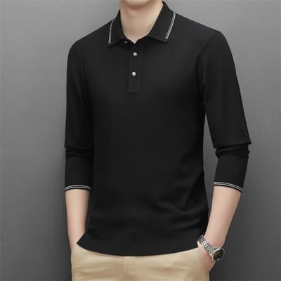Nieuw Lente Effen Kleur Revers Gebreide Poloshirt, Modieus en Casual Losse Trui met Lange Mouwen 4XL black