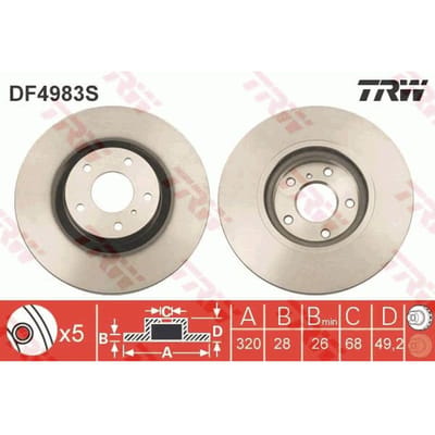 Remschijf TRW DF4983S voorkant, geventileerd, 1 Stuk