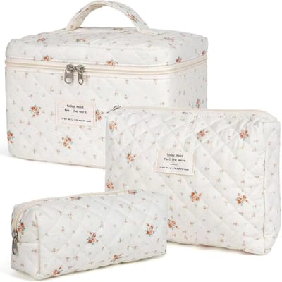 3-delige Coquette make-up tas, Gewatteerde make-up tas voor vrouwen, Bloemige katoenen cosmetische tassenset, Grote capaciteit esthetische bloemige toilettas, Reistoilet tas, Wasorganisator