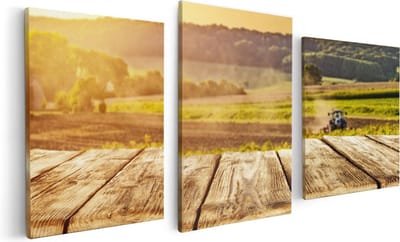 Artaza Canvas Schilderij Drieluik Tractor in het Veld met Houten Planken - 120x60 - Foto Op Canvas - Canvas Print