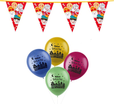 Sinterklaas versiering - 2x Sint/piet vlaggenlijnen van 6 meter en 30x ballonnen