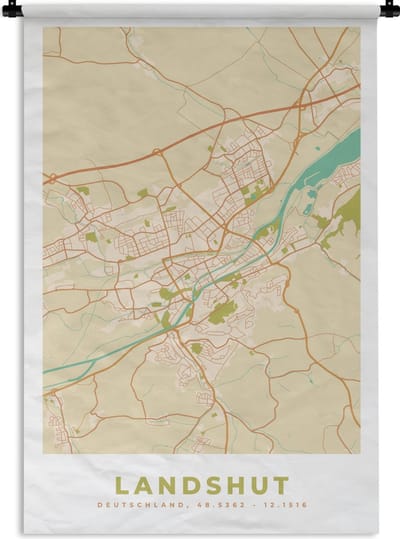 Wandkleed - Wanddoek - Landshut - Kaart - Plattegrond - Vintage - Stadskaart - 120x180 cm - Wandtapijt