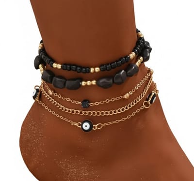 Zwart en goudkleurig enkelbandje voor dames – set van 5 kralen enkelkettingen met oog- en steenbedels – verstelbare enkelbandjes – boho strand sieraden