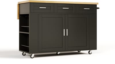 Mobiel Keukeneiland 120 cm - Opklapbaar Werkblad - Lades & Uittrekbare Organizer - Eetkamer - Natuur/Zwart