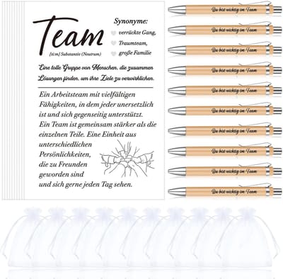 Dailygoods- Wenskaarten Set - Bedankjes voor Collega's - Afscheidskaarten - Cadeauset voor Medewerkers - Houten Balpen - Organza Zakje