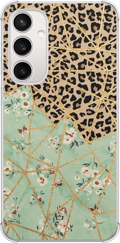 Shockproof hoesje - Geschikt voor Samsung Galaxy S23 FE - Luipaard bloemen print - Extra sterke case - TPU/polycarbonaat - Print / Illustratie - Multi, Transparant