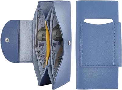 Blauwe lange portemonnee van kunstleer met twee kleppen en vakken voor geld, creditcards en visitekaartjes, herbruikbaar en stijlvol