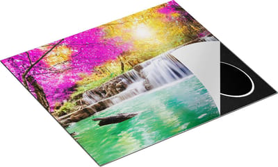 Chefcare Inductie Beschermer Waterval met Groen Water en Roze Bladeren - 60x50 cm - Afdekplaat Inductie - Kookplaat Beschermer - Inductie Mat