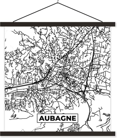 Posterhanger incl. Poster 60x60 cm - Schoolplaat - Aubagne - Kaart - Stadskaart - Frankrijk - Plattegrond - Zwart wit - Textielposter - Zwarte latten - Stadskaart