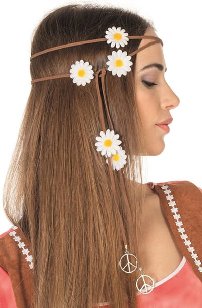 Haarband bruin met bloemetjes & peace-tekens