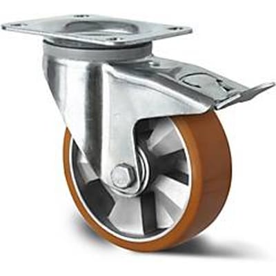 CASCOO zwenkwiel BAU5, met rem, wiel ø 125 mm x B 50 mm, aluminium velg, polyurethaan loopvlak, bruin, dubbele kogellager, tot 500 kg
