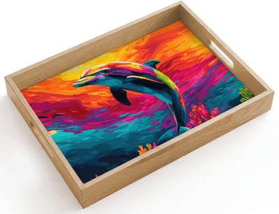 Dienblad hout 40x30 cm - Schootdienblad - Dolfijn - Kleurrijk - Oceaan - Koraal - Borrelplank rechthoek - Plateau dienbladen