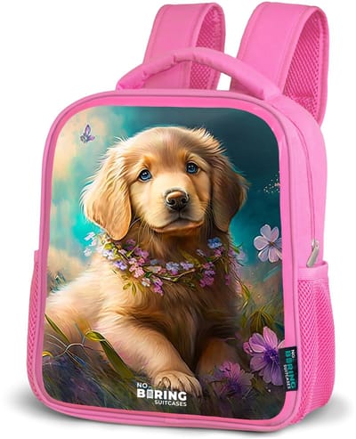 NoBoringSuitcases.com® - Rugzak roze - Schooltas meisjes - Goudkleurige puppy in het gras - Kinder rugtas meisje - Boekentas kind - Kinderrugzak voor school - Schoolrugzak