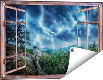 Gards Tuinposter Doorkijk Onweer in het Bos - Bliksem - 60x40 cm - Tuindoek - Tuindecoratie - Wanddecoratie buiten - Tuinschilderij