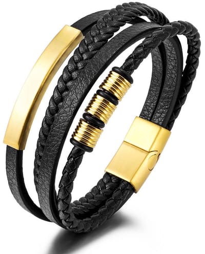 Armband Heren - Zwart Leer met Goud kleurige Accenten - Dubbel Gevlochten Leder - Leren Armbanden - Papa Cadeau Voor Mannen - Vaderdag