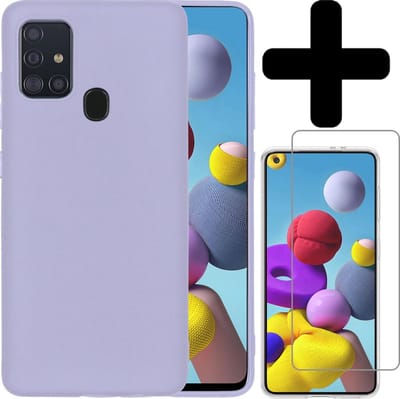 Hoesje - Met Screenprotector - Geschikt voor Samsung Galaxy A21s - Sterk & Shockproof - Back Cover - Siliconen Case - Telefoon Hoes - Telefoonhoesjes - Lila