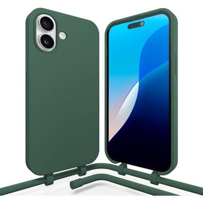 Coverzs siliconen hoesje met koord geschikt voor de Apple iPhone 16 hoesje - telefoonhoesje met afneembaar telefoonkoord - verstelbaar telefoonkoord - koordhoesje - TPU / siliconen materiaal (donkergroen)