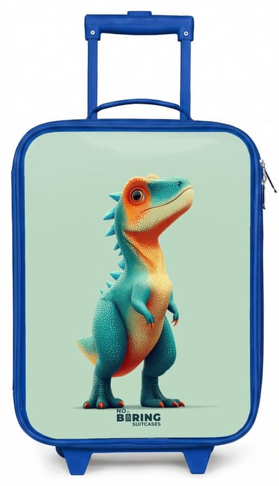 NoBoringSuitcases.com® - Kinderkoffer blauw - Kindertrolley jongen - Stoere dino met grote ogen - Koffer kind lichtgewicht - Reiskoffer trolley voor kinderen - Koffertje met lichtgevende wieltjes - Rolkoffer