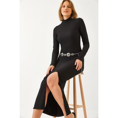 Gestructureerde Midi-jurk met Halve Col en Splits