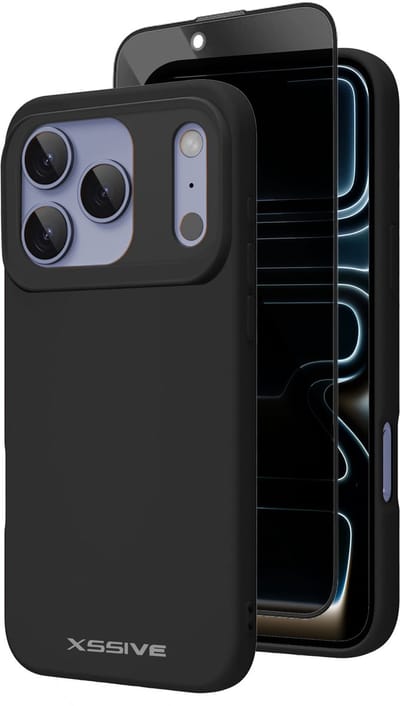Xssive - Hoesje + Privacy Screenprotector - Geschikt voor iPhone 17 Pro - Siliconen Back Cover - Prive Beschermglas - Zwart