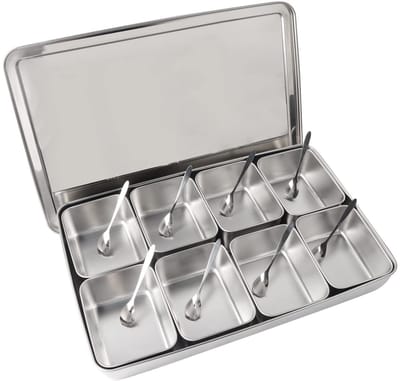 Dailygoods- Kruidenbox 8 Vakken - Aluminium Legering - Met Deksel en Lepel - Capaciteit 630ml per Vak - Multifunctionele Opbergruimte - Lichtgewicht 1896g - Kruidenhouder